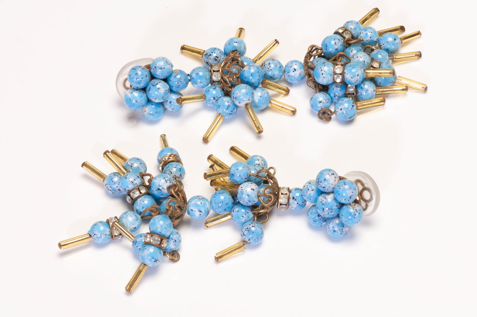Vintage 1930's French Blue Glass Beads Long Drop Earrings