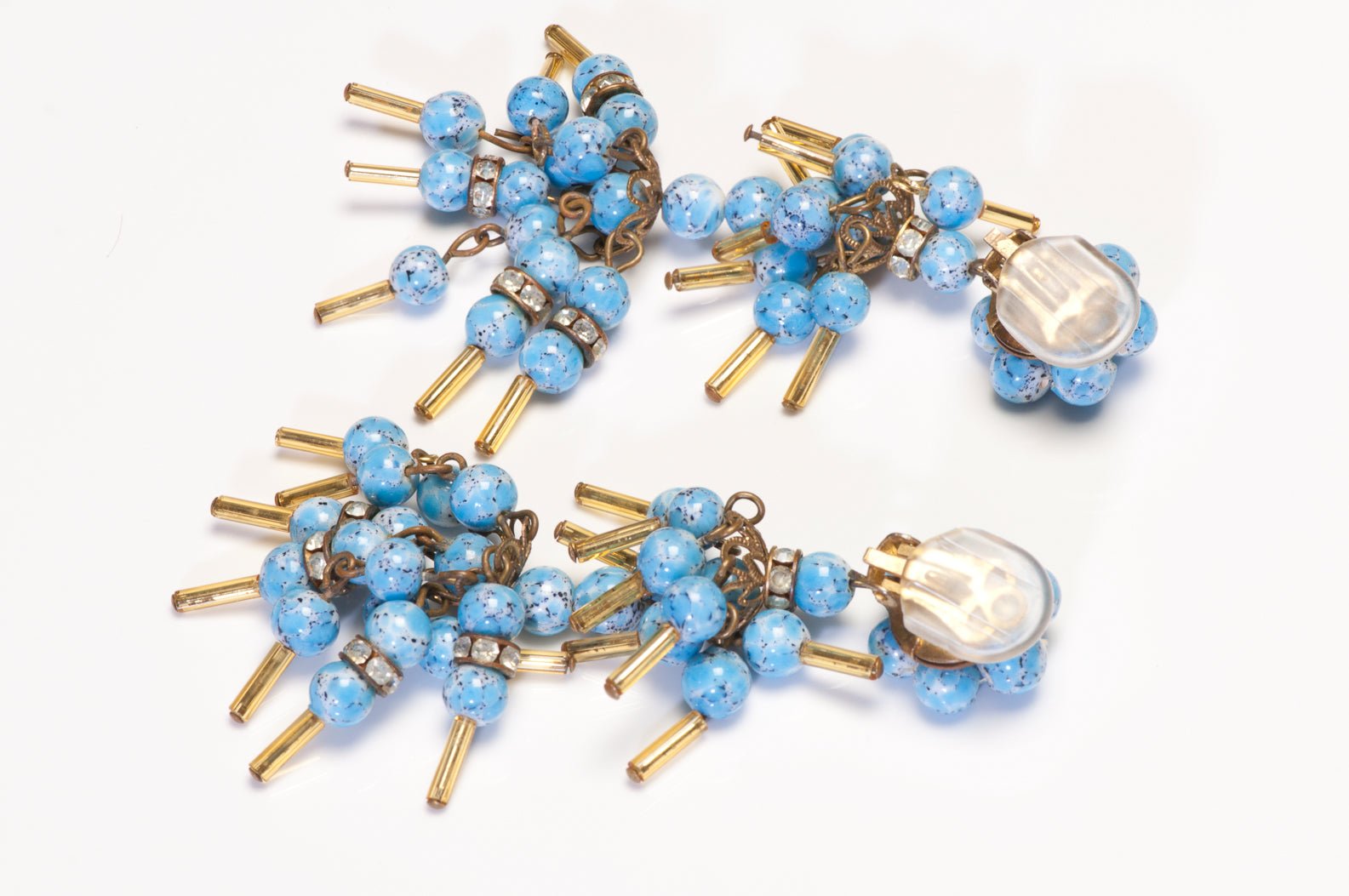 Vintage 1930's French Blue Glass Beads Long Drop Earrings