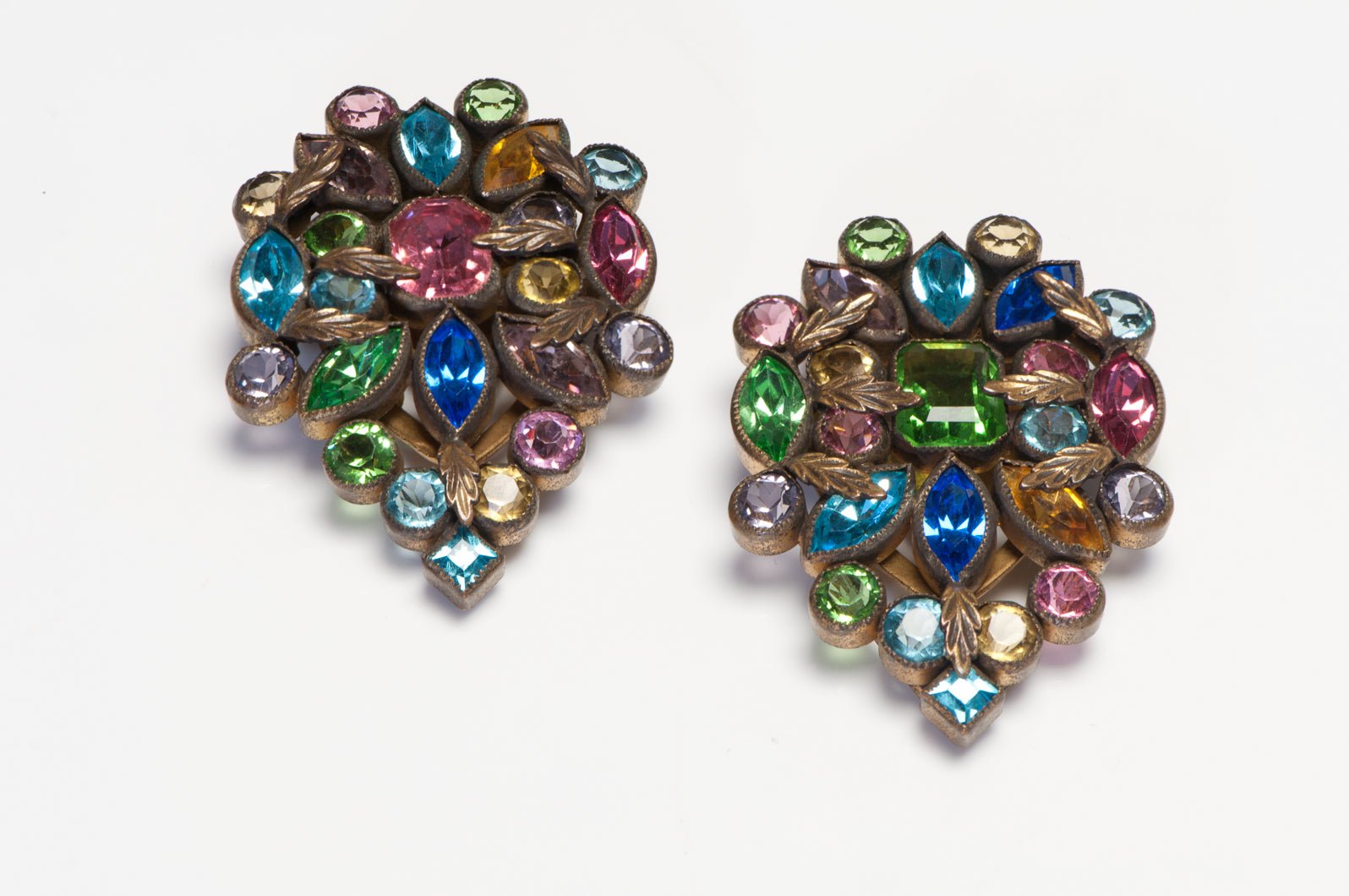 Vintage 1930's HOBE Pink Blue Green Crystal Double Clips Brooch