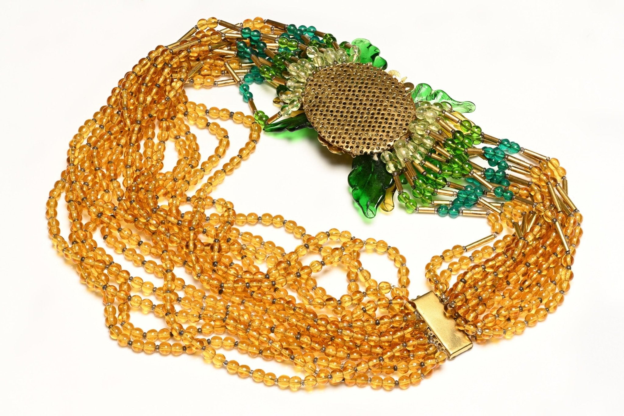 Vintage 1930's Miriam Haskell Brown Green Glass Beads Leaf Collar Necklace