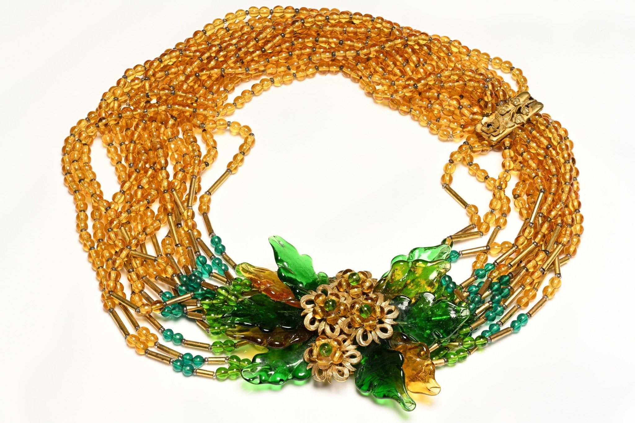 Vintage 1930's Miriam Haskell Brown Green Glass Beads Leaf Collar Necklace