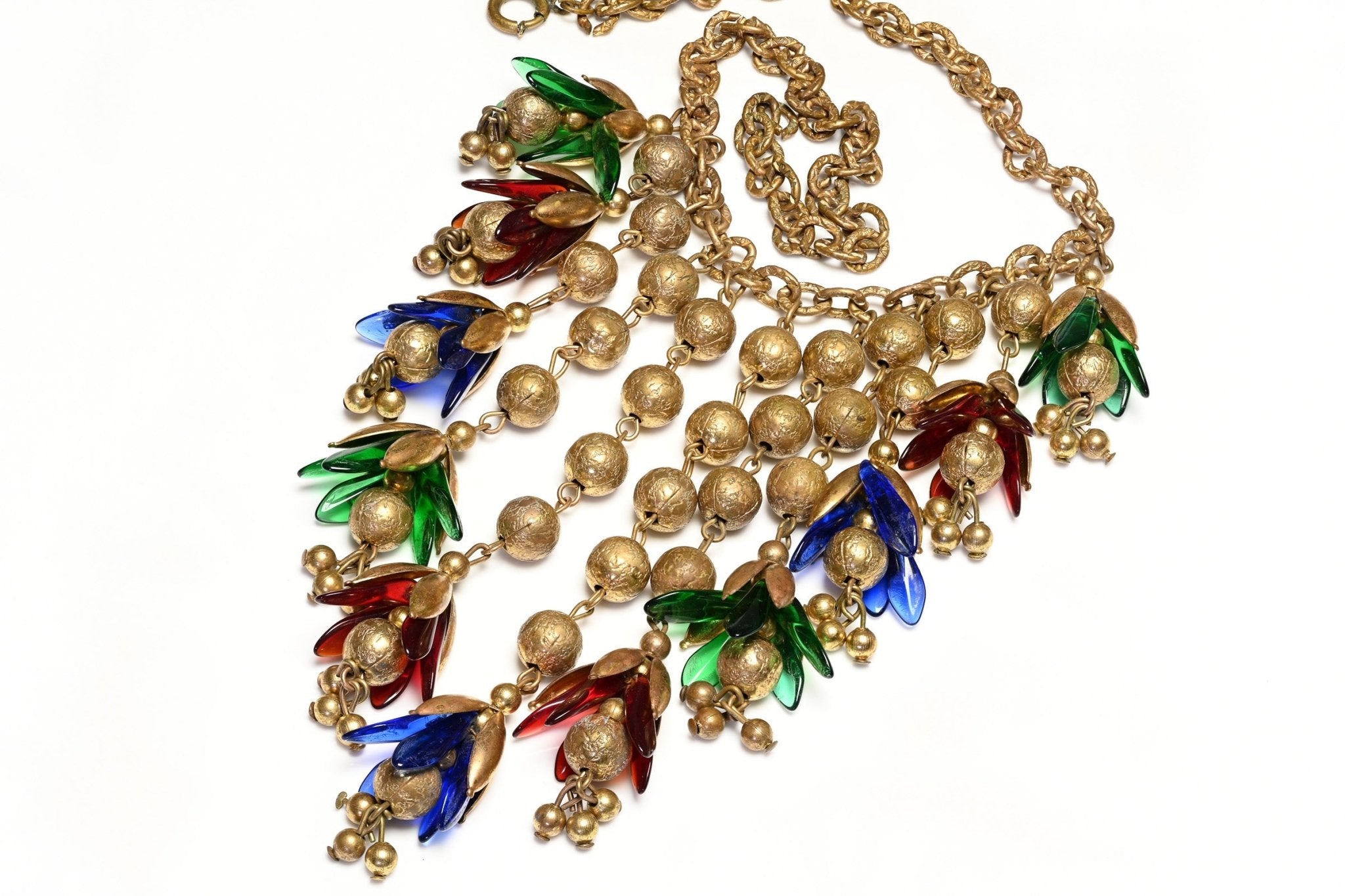 Vintage 1930's Miriam Haskell Green Red Blue Glass Flower Metal Beads Tassel Necklace