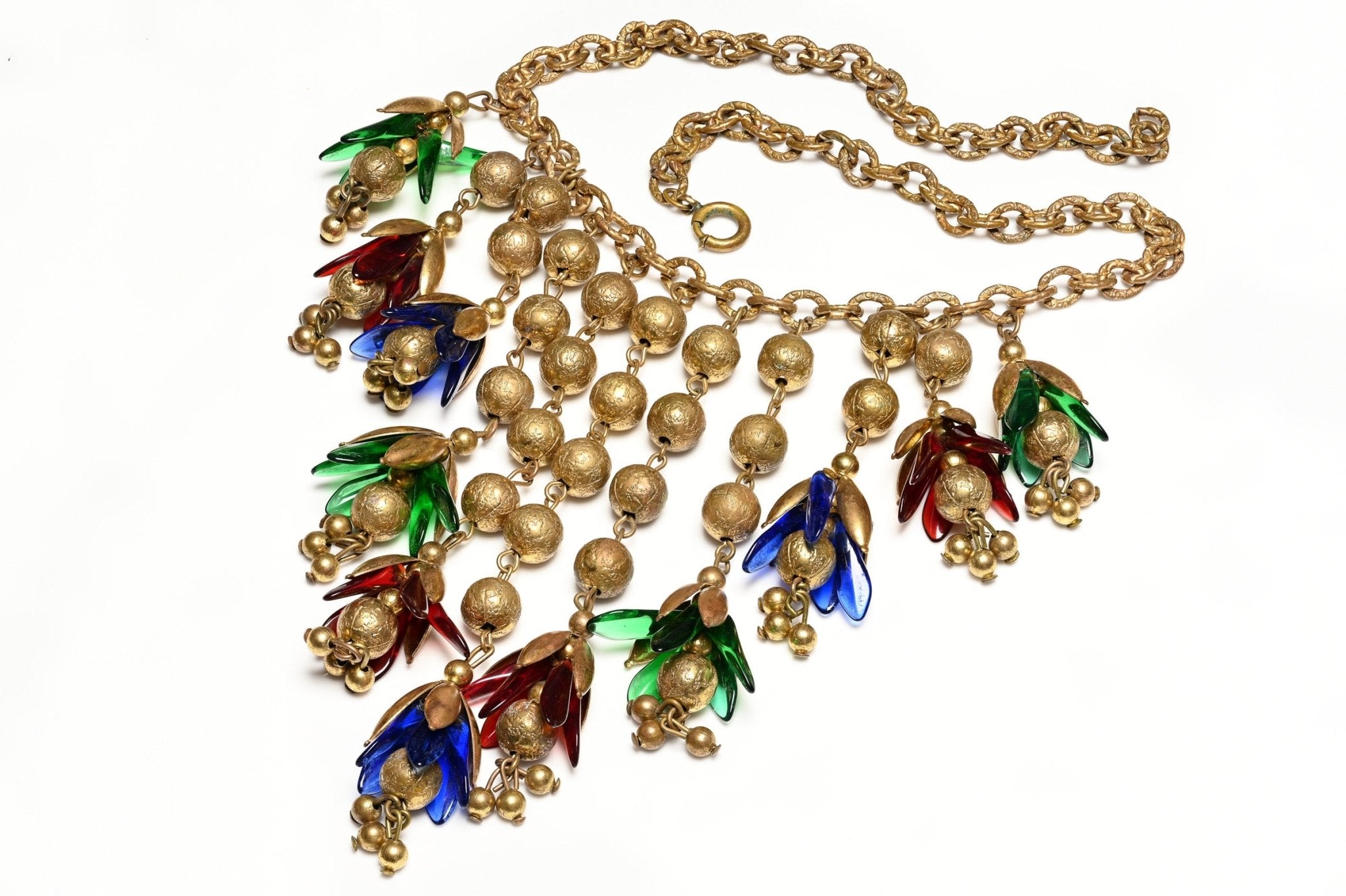 Vintage 1930's Miriam Haskell Green Red Blue Glass Flower Metal Beads Tassel Necklace
