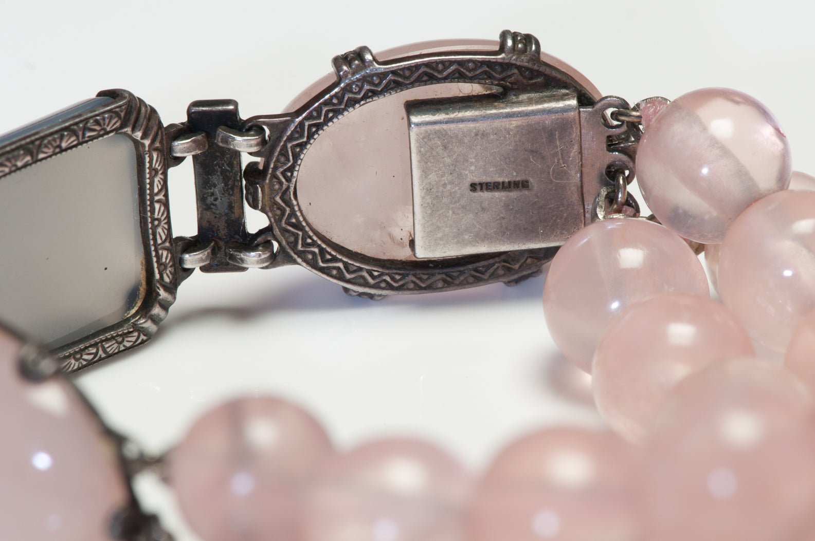 Vintage 1930’s Sterling Silver Pink Quartz Beads Chalcedony Bracelet