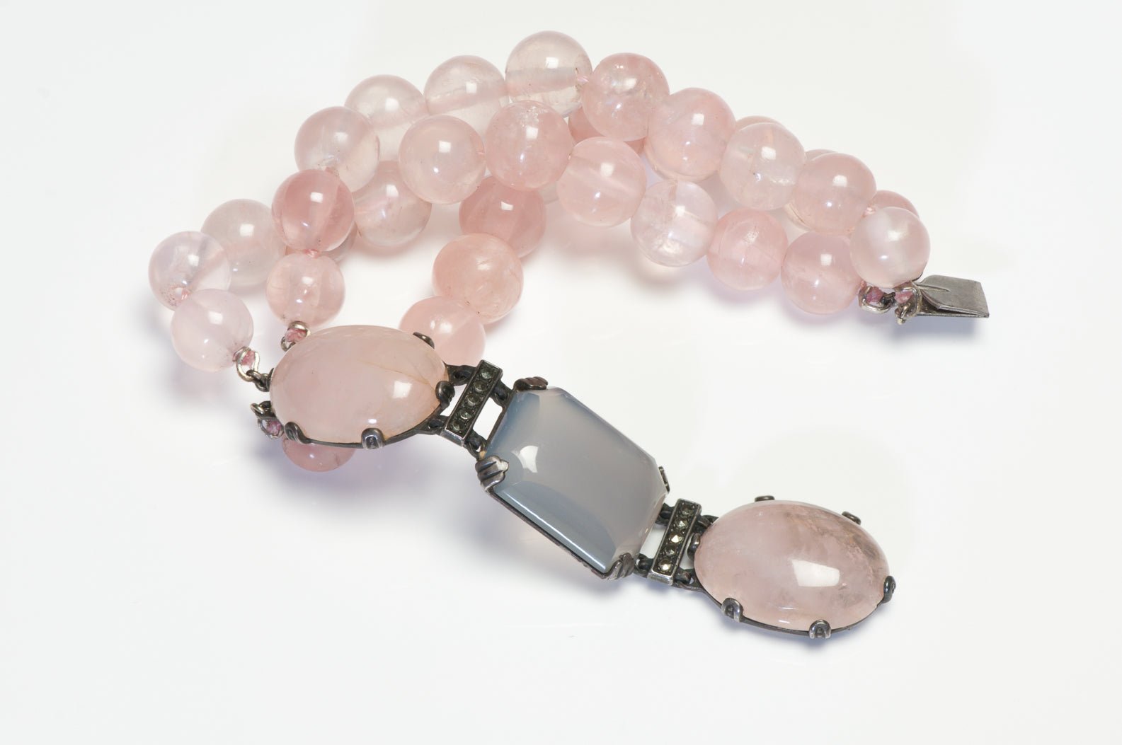 Vintage 1930’s Sterling Silver Pink Quartz Beads Chalcedony Bracelet