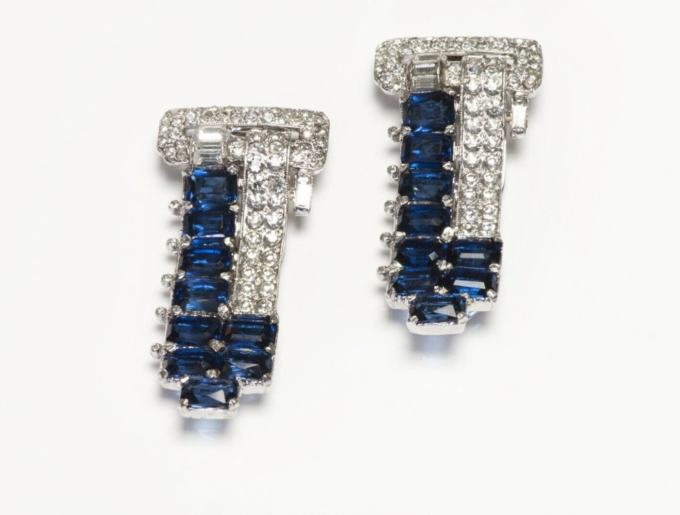 Vintage 1930’s Trifari KTF Alfred Philippe Blue Crystal Double Clips Brooch