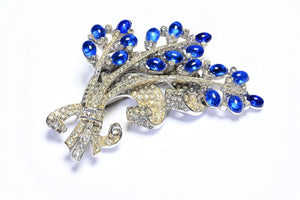 Vintage 1940’s Coro Rhodium Plated Blue Cabochon Glass Bouquet Flower Brooch