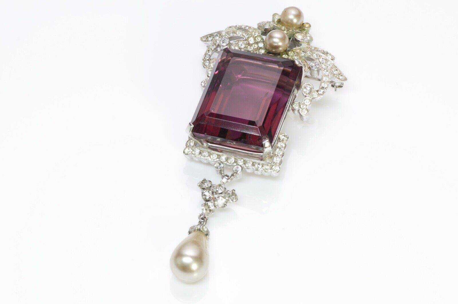 Vintage 1940’s Edwardian Style Sterling Purple Crystal Pearl Drop Pendant Brooch