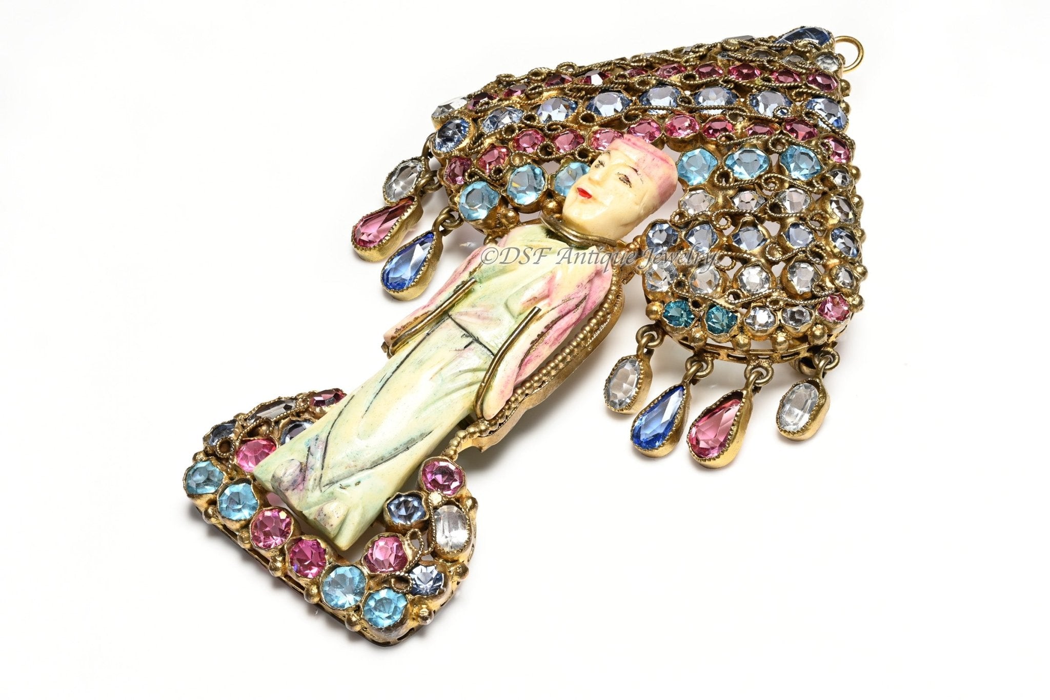 Vintage 1940's HOBE Asian Style Goddess Blue Pink Crystal Tassel Brooch