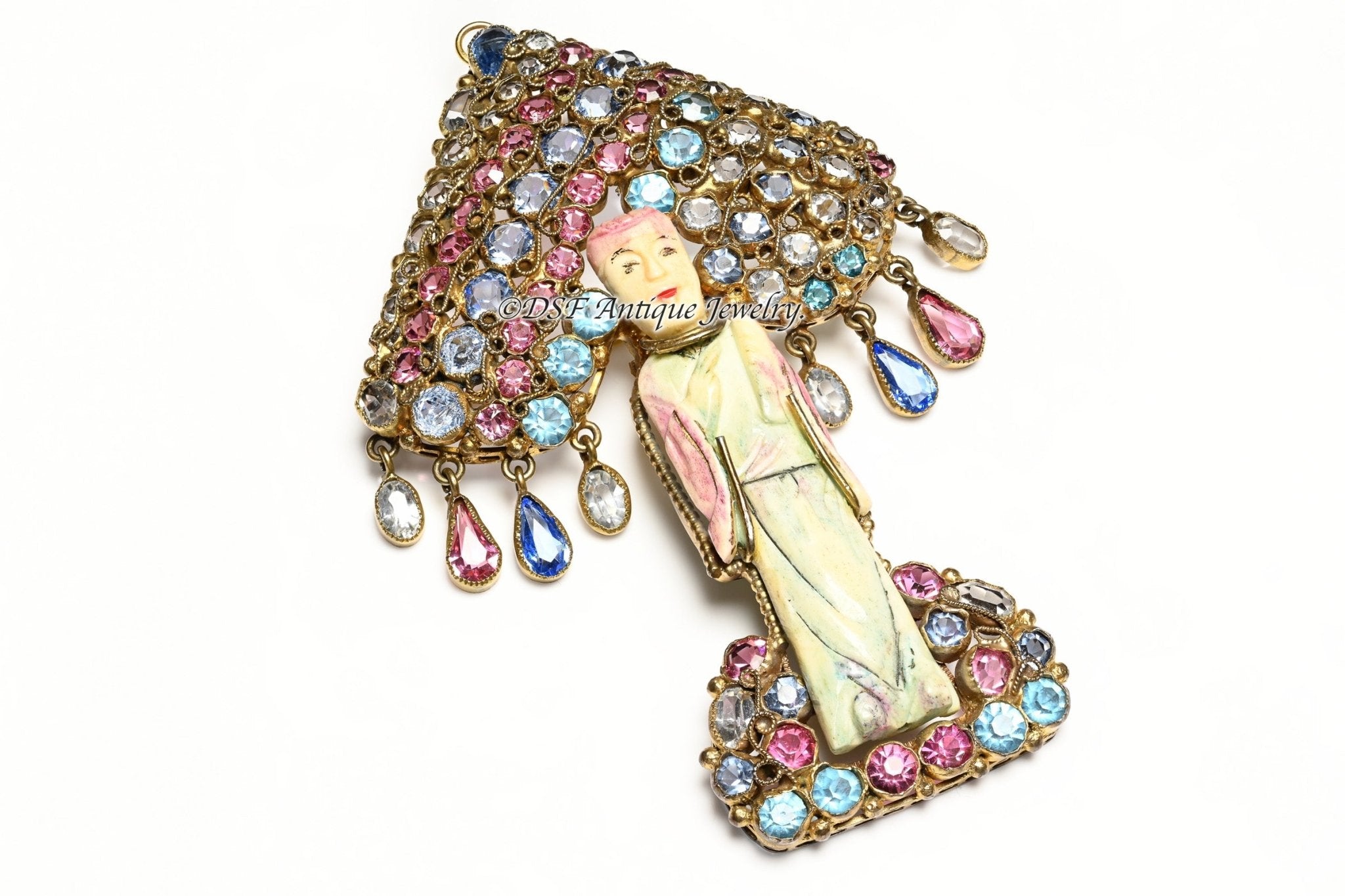 Vintage 1940's HOBE Asian Style Goddess Blue Pink Crystal Tassel Brooch