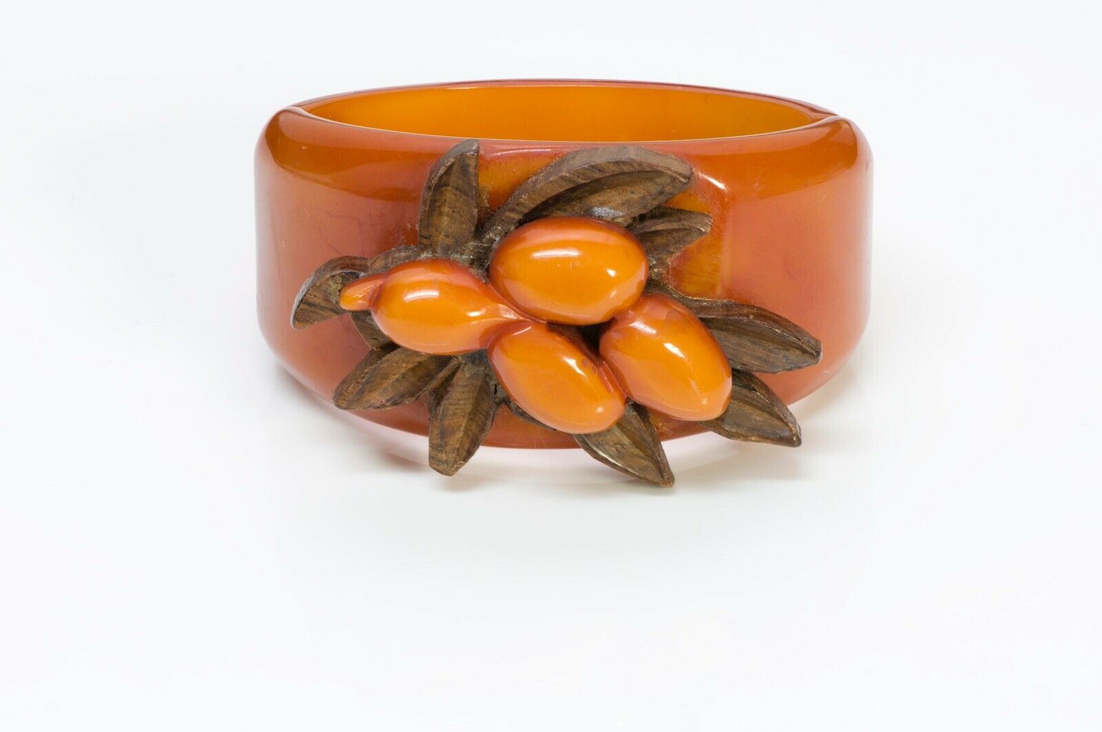 Vintage 1940’s Wide Bakelite Wood Fruit Bangle Bracelet