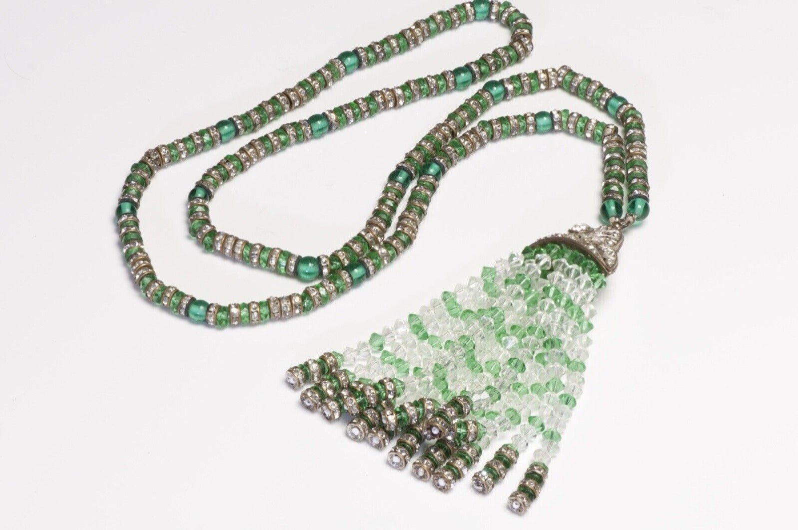 Vintage 1950’s Art Deco Style Green Glass Beads Crystal Tassel Flapper Necklace