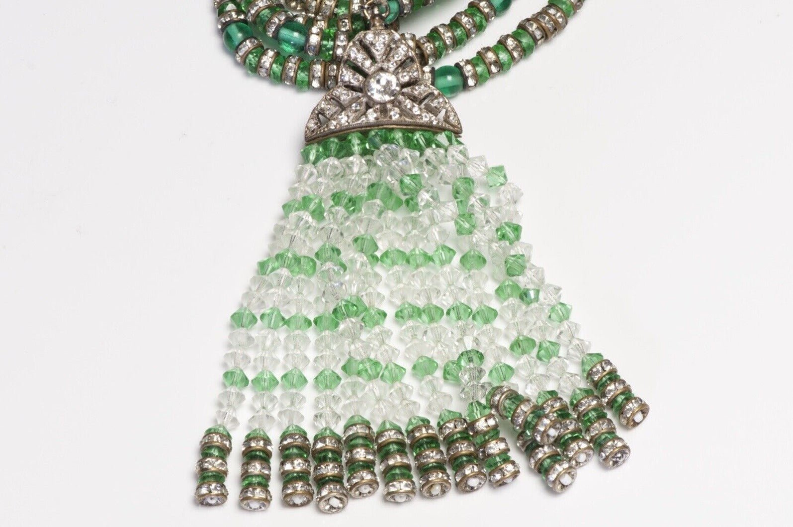 Vintage 1950’s Art Deco Style Green Glass Beads Crystal Tassel Flapper Necklace