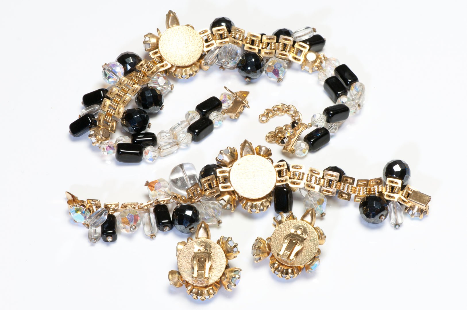 Vintage 1950's Black Glass Beads Aurora Borealis Crystal Necklace Bracelet Earrings Set