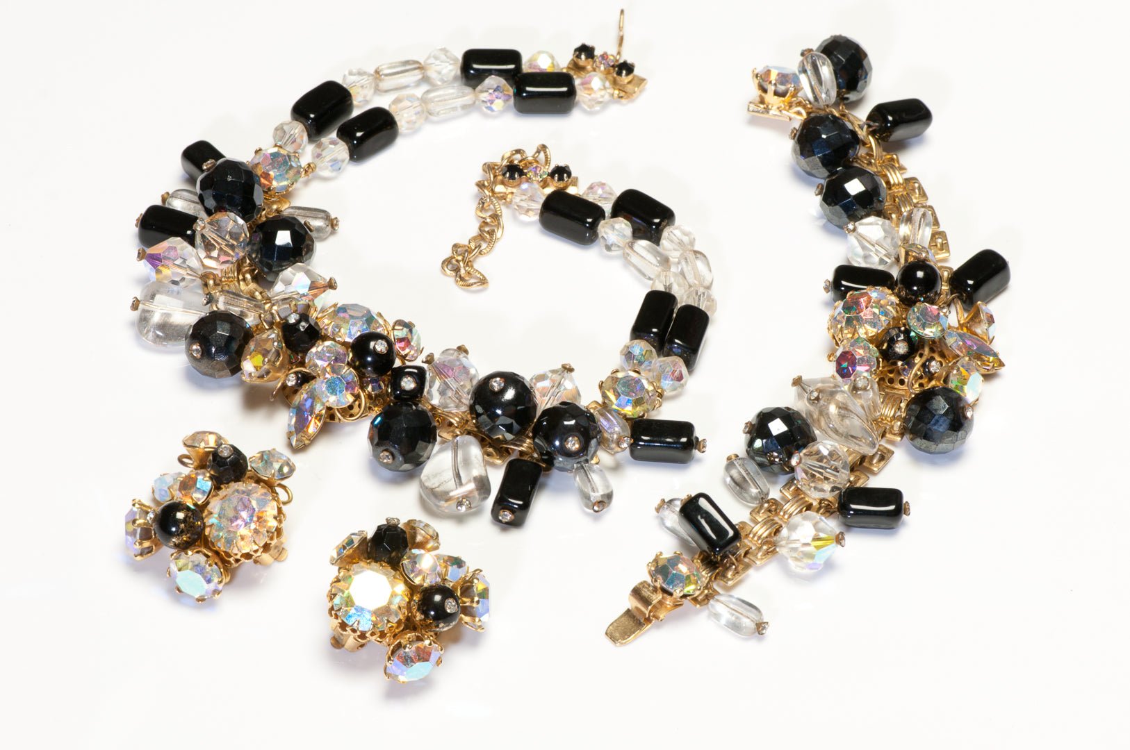 Vintage 1950's Black Glass Beads Aurora Borealis Crystal Necklace Bracelet Earrings Set