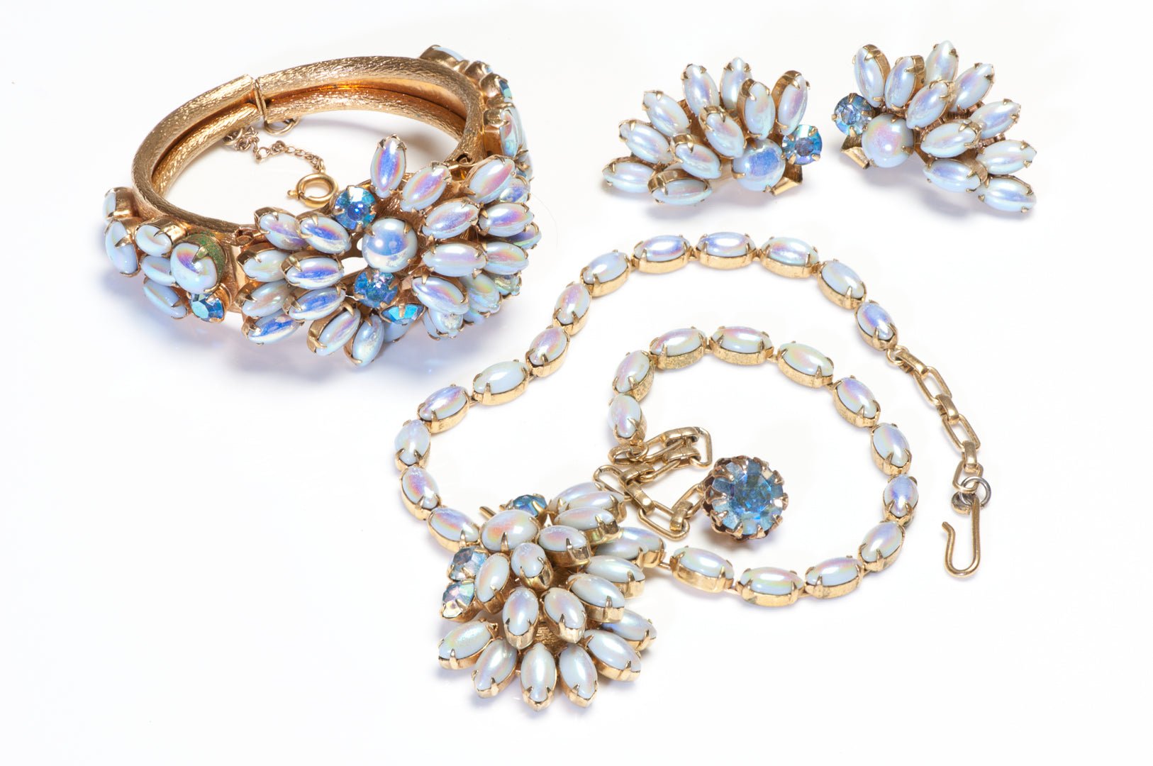 Vintage 1950’s Blue Iridescent Crystal Flower Bracelet Necklace Earrings Set
