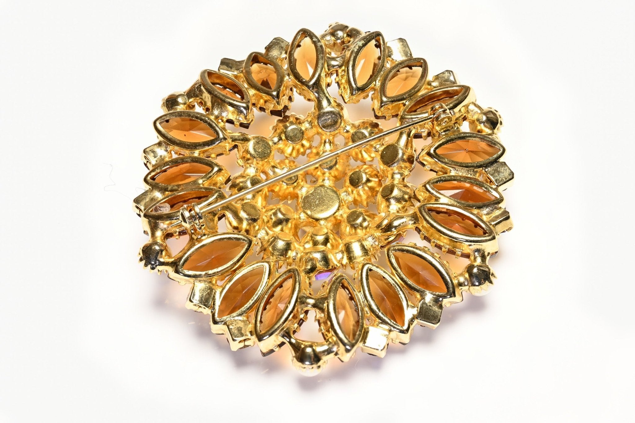 Vintage 1950's Brown Crystal Pearl Flower Brooch