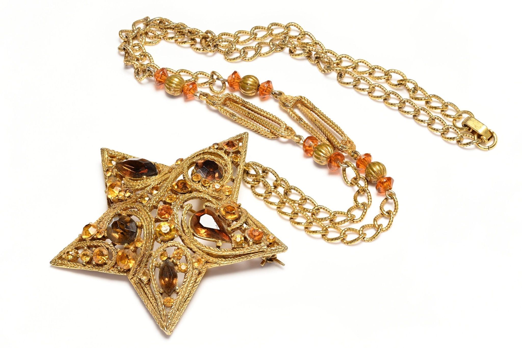 Vintage 1950's Brown Crystal Star Chain Brooch Necklace