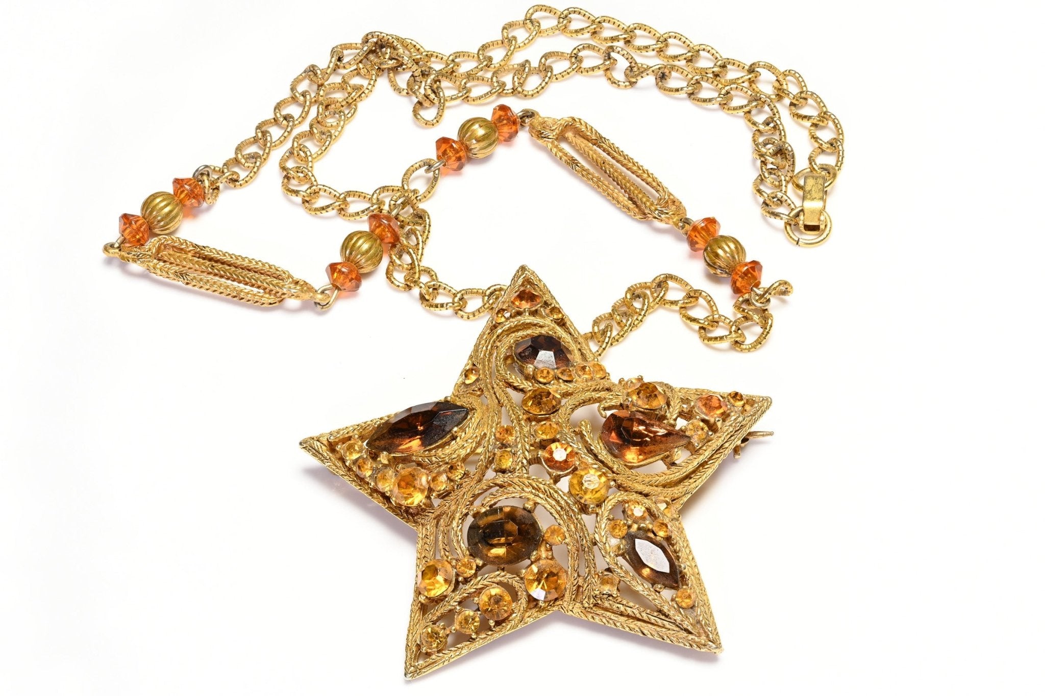 Vintage 1950's Brown Crystal Star Chain Brooch Necklace