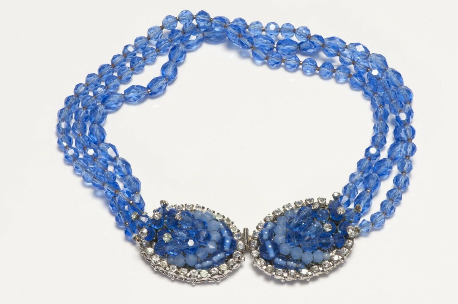 Vintage 1950’s Eugene Blue Crystal Beads Flower Necklace Earrings Set