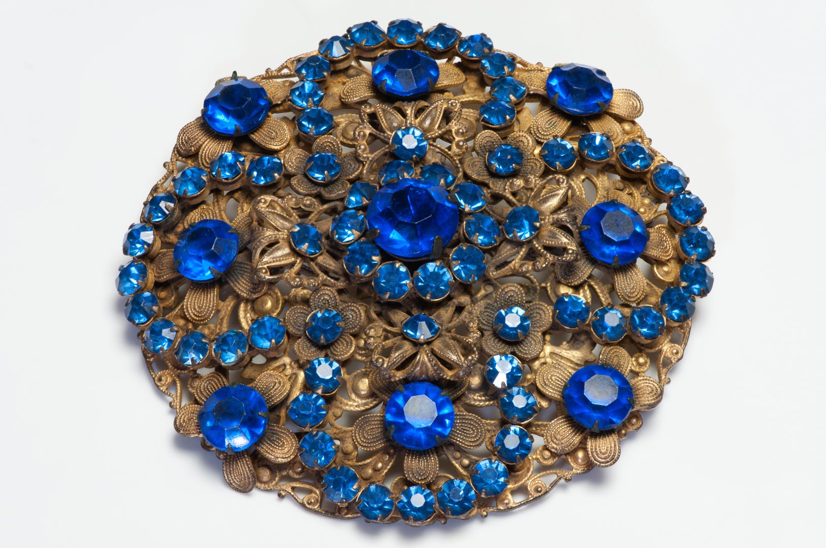 Vintage 1950's Filigree Cobalt Blue Crystal Flower Large Brooch