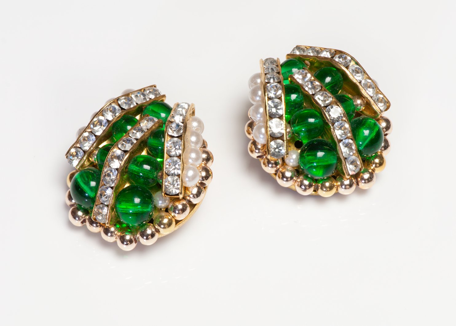 Vintage 1950's French Green Beads Faux Pearl Crystal Earrings