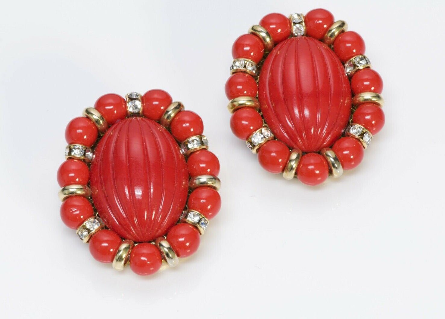 Vintage 1950’s French Red Glass Beads Crystal Oval Earrings