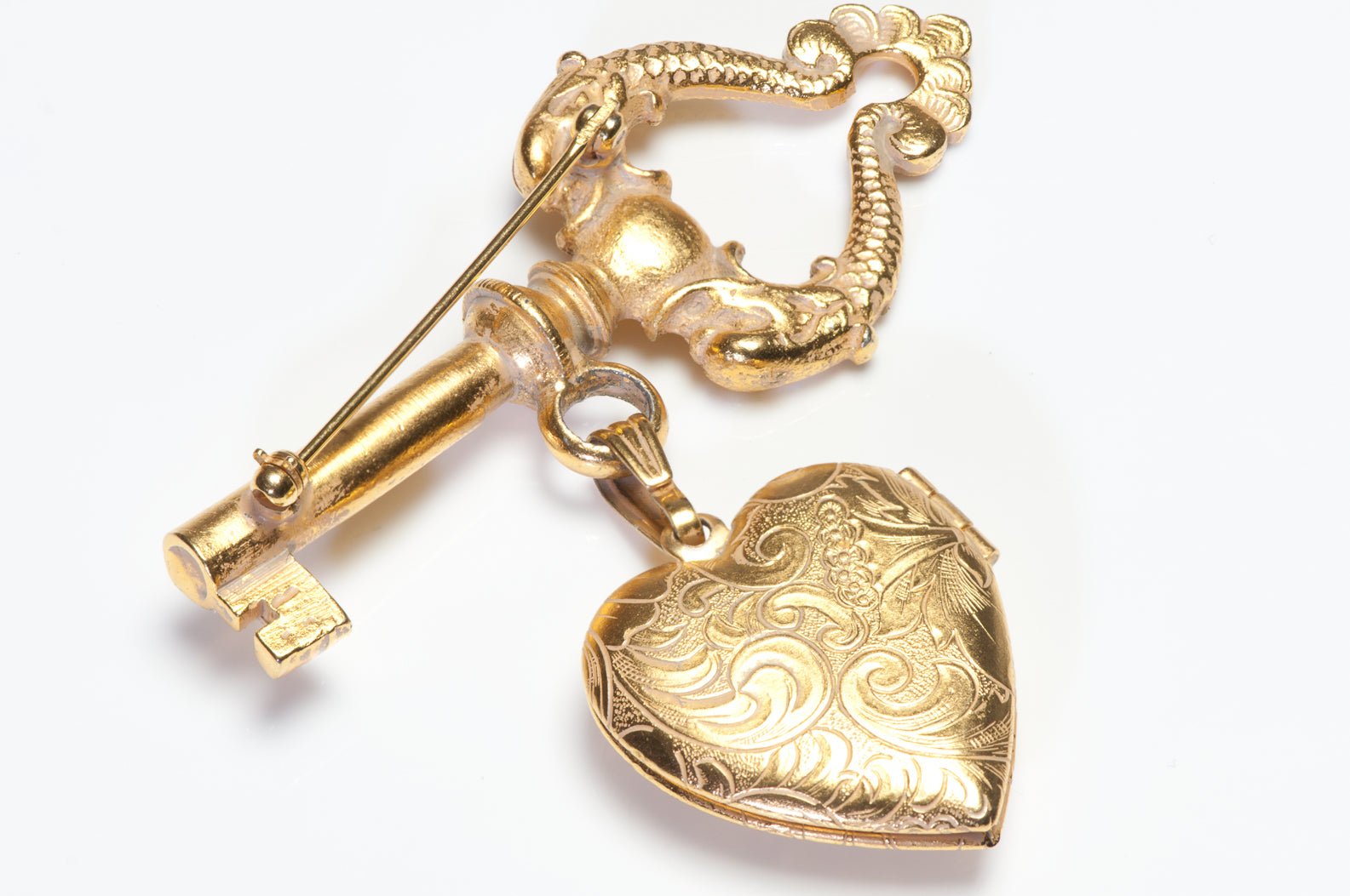Vintage 1950's Gold Plated Key Fleur de Lys Heart Locket Brooch