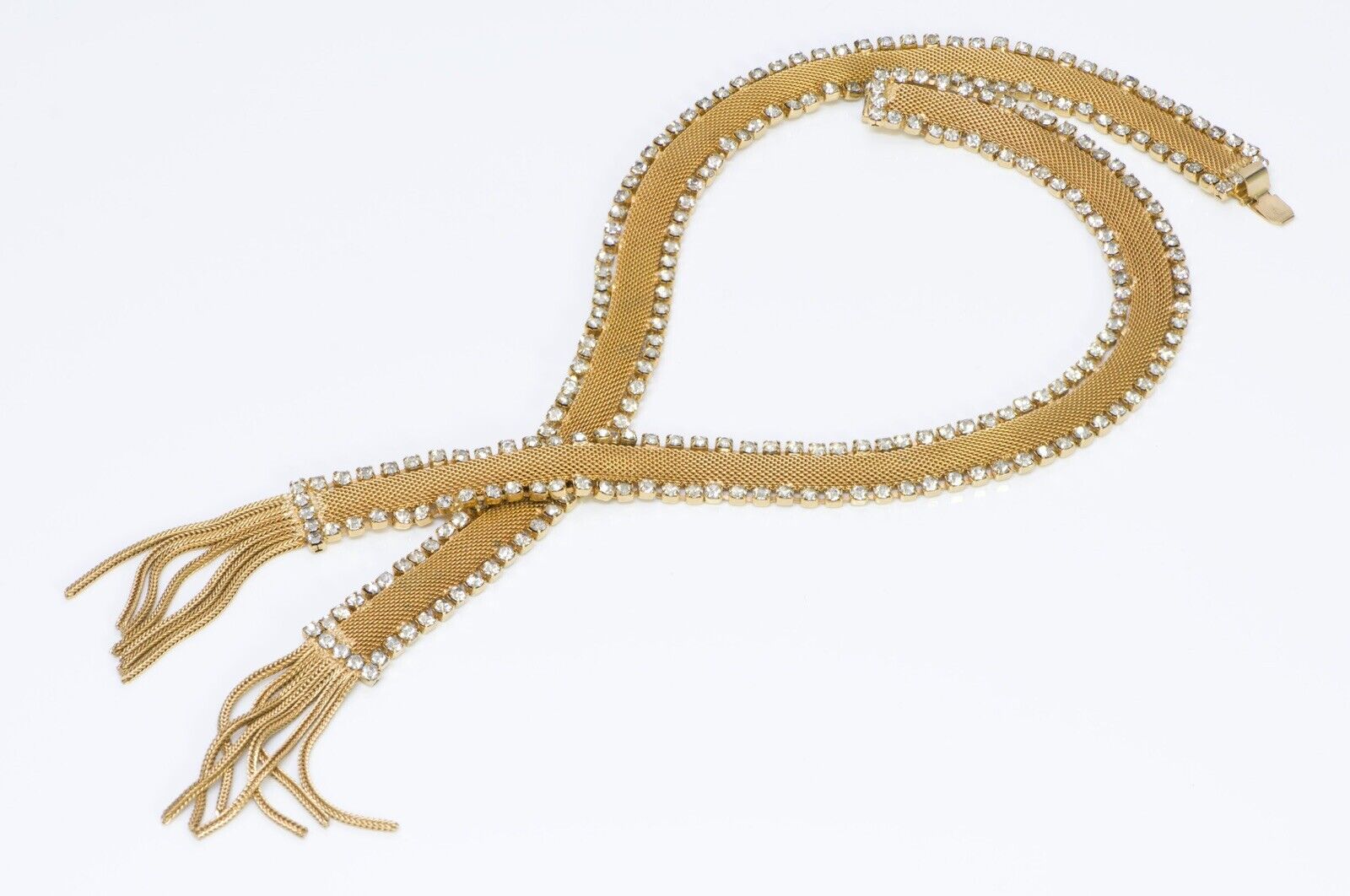 Vintage 1950’s Gold Tone Metal Mesh Crystal Tassel Fringe Necklace