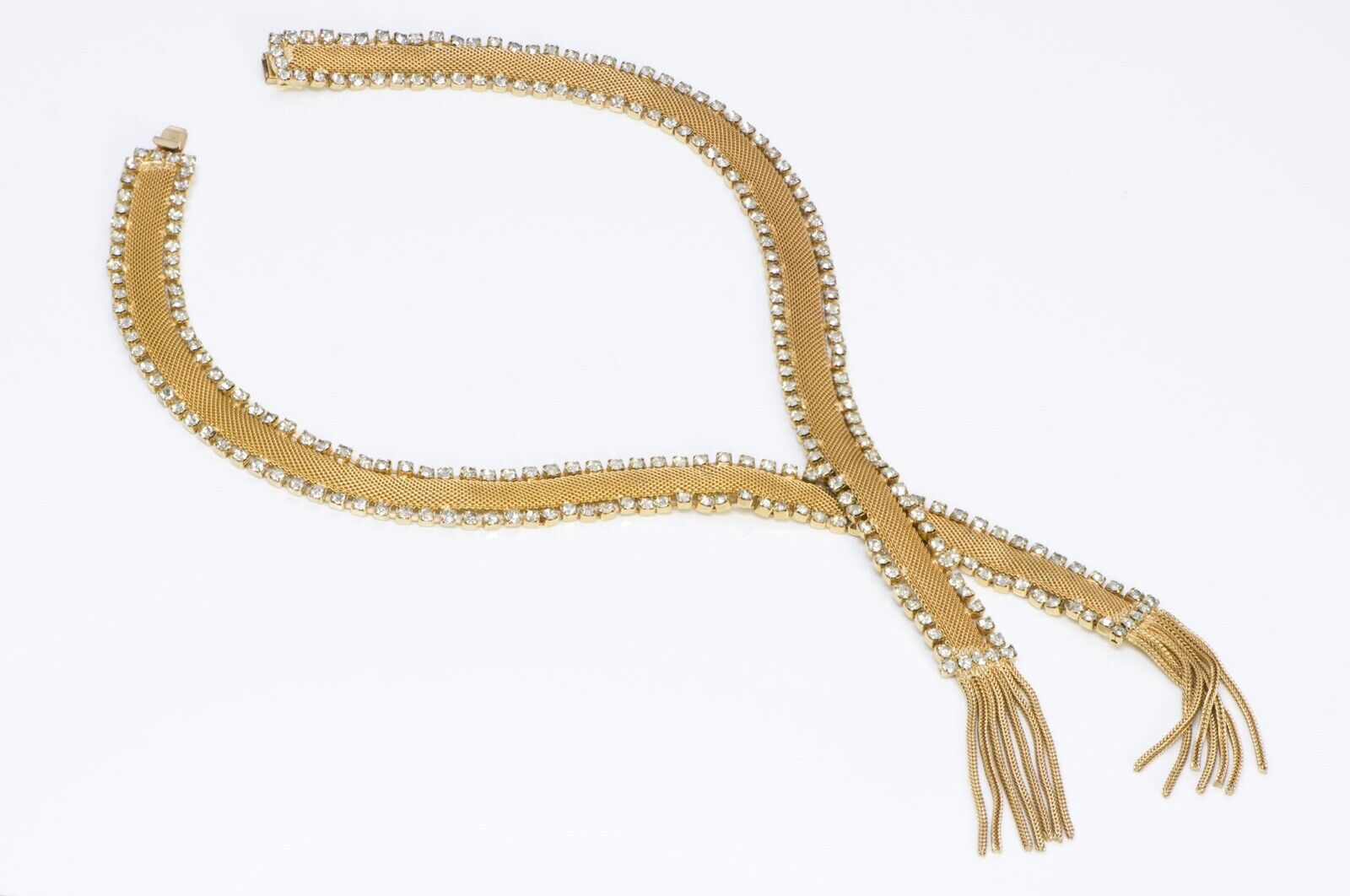 Vintage 1950’s Gold Tone Metal Mesh Crystal Tassel Fringe Necklace