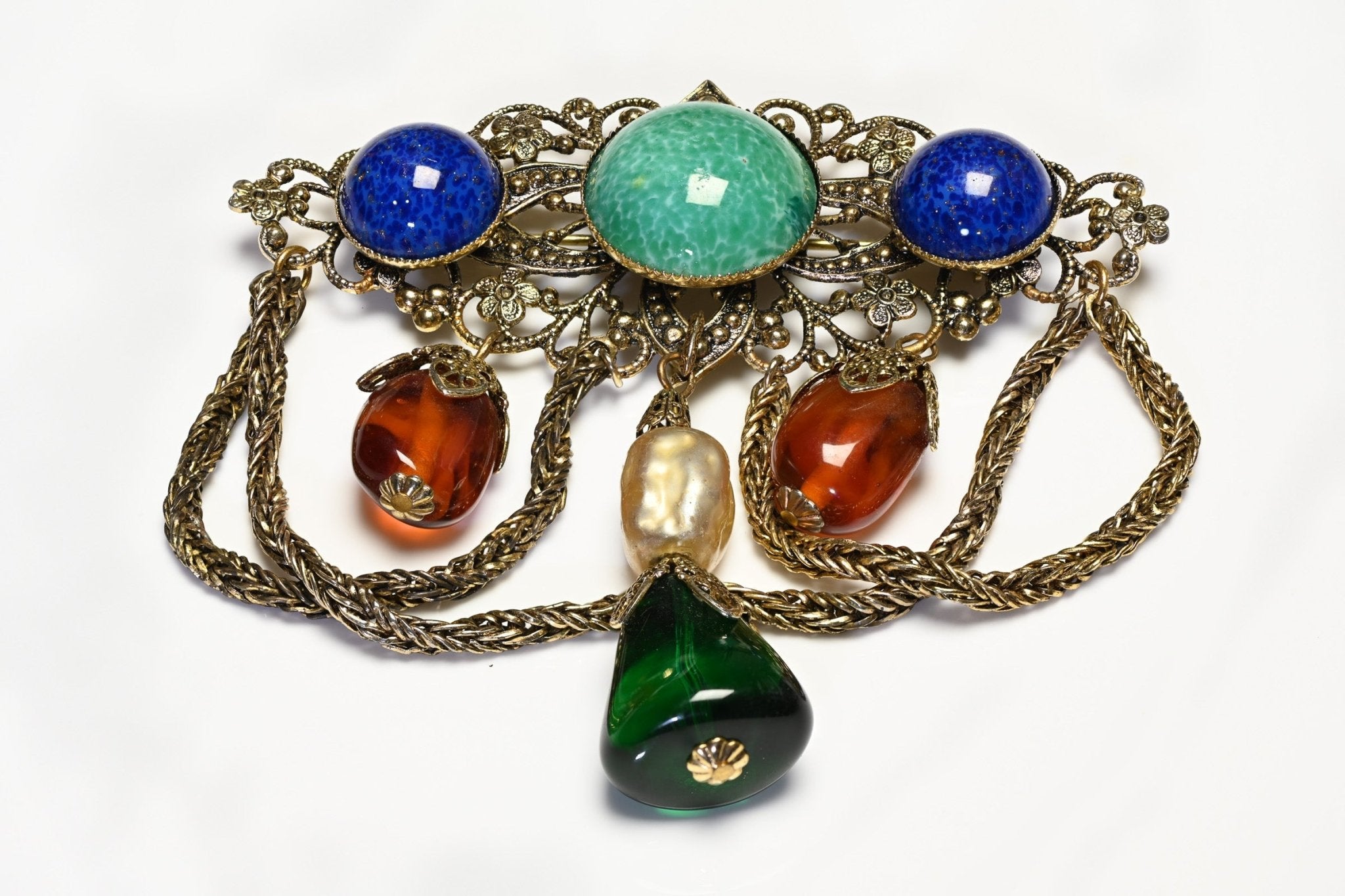 Vintage 1950’s Green Blue Brown Glass Beads Pearl Tassel Filigree Brooch