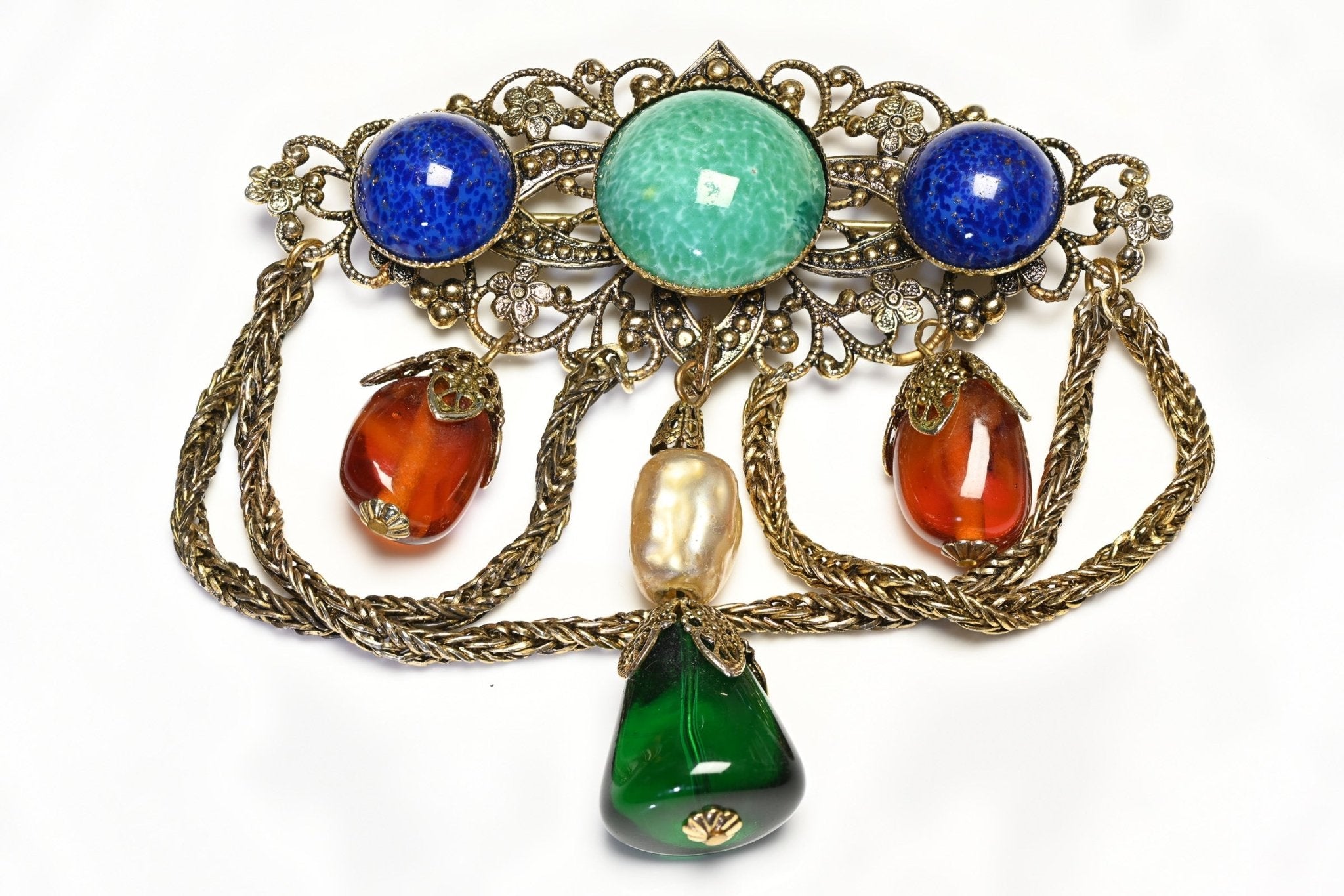 Vintage 1950’s Green Blue Brown Glass Beads Pearl Tassel Filigree Brooch