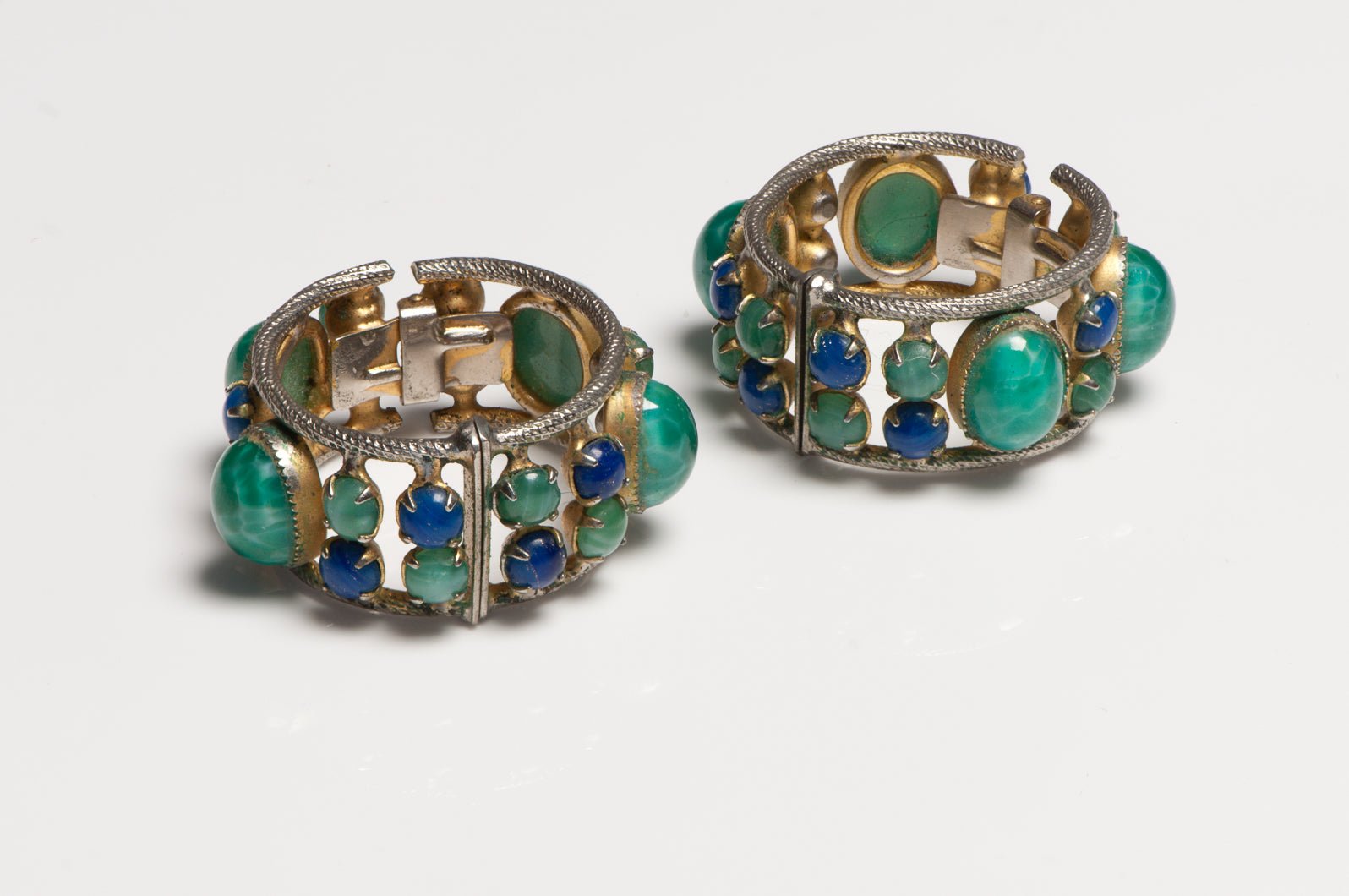 Vintage 1950's Green Blue Cabochon Glass Hoop Earrings