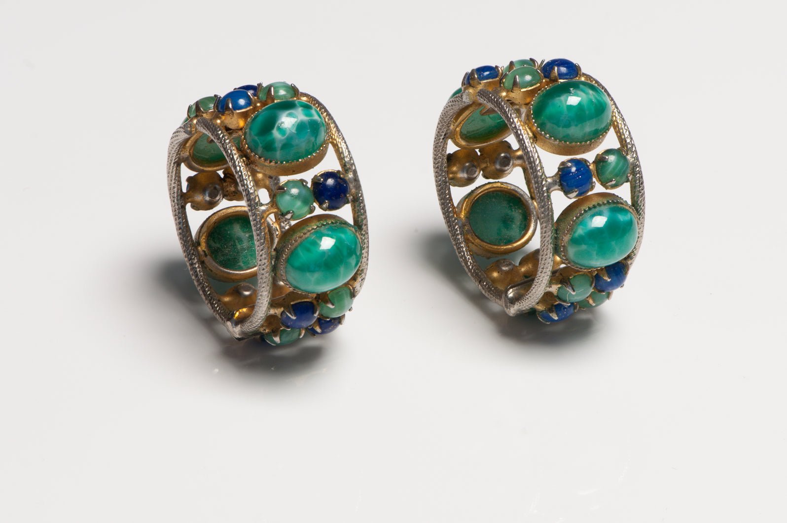 Vintage 1950's Green Blue Cabochon Glass Hoop Earrings
