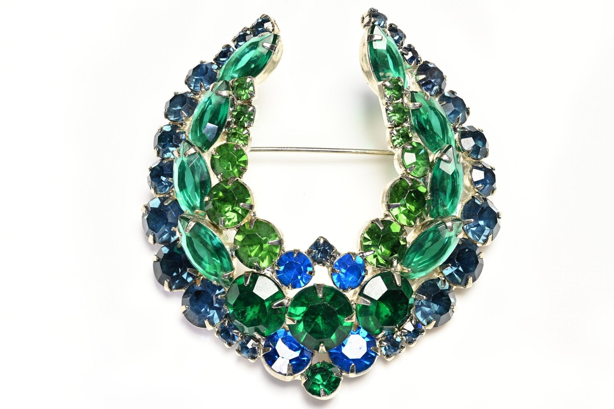 Vintage 1950's Green Blue Crystal Horseshoe Brooch