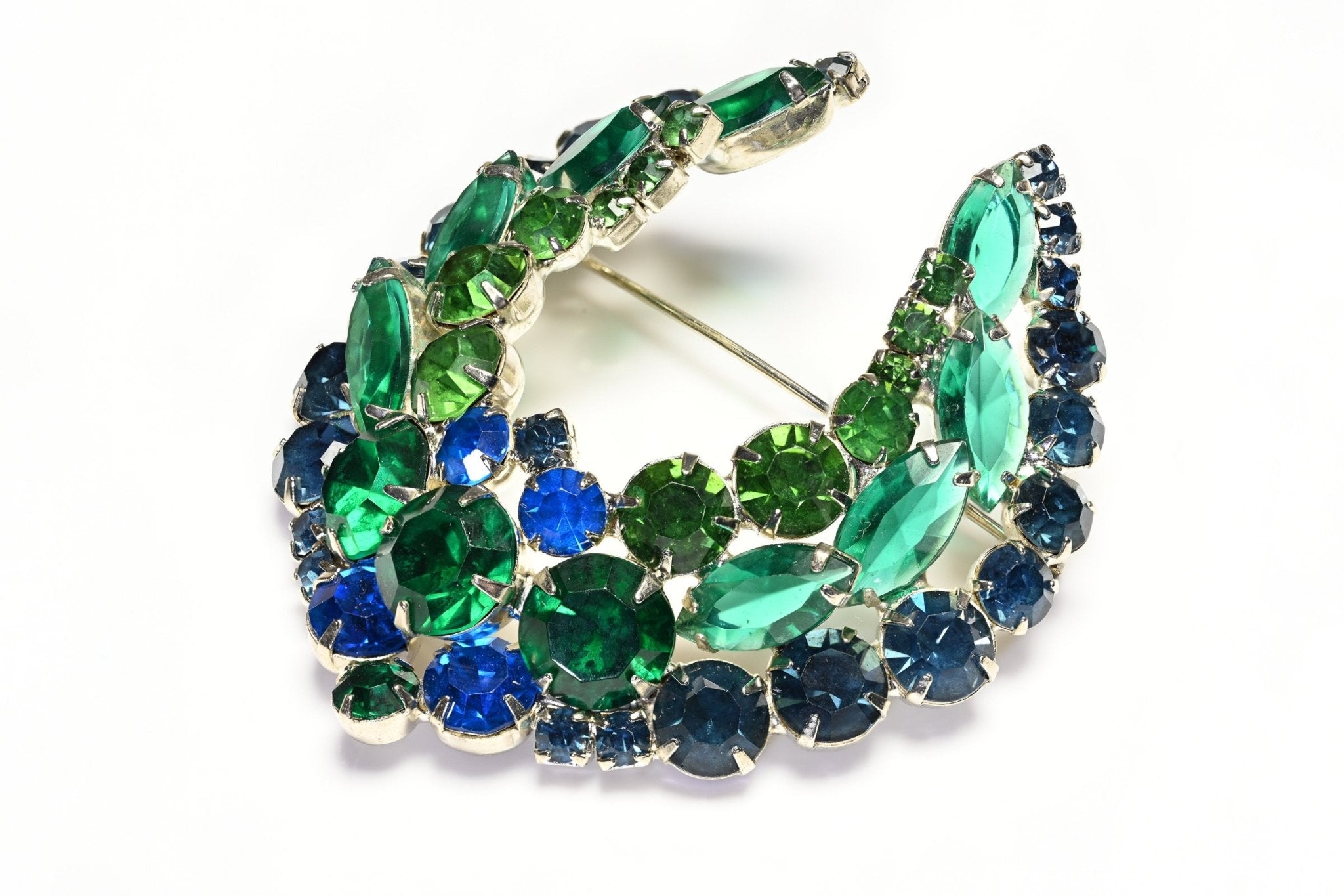 Vintage 1950's Green Blue Crystal Horseshoe Brooch