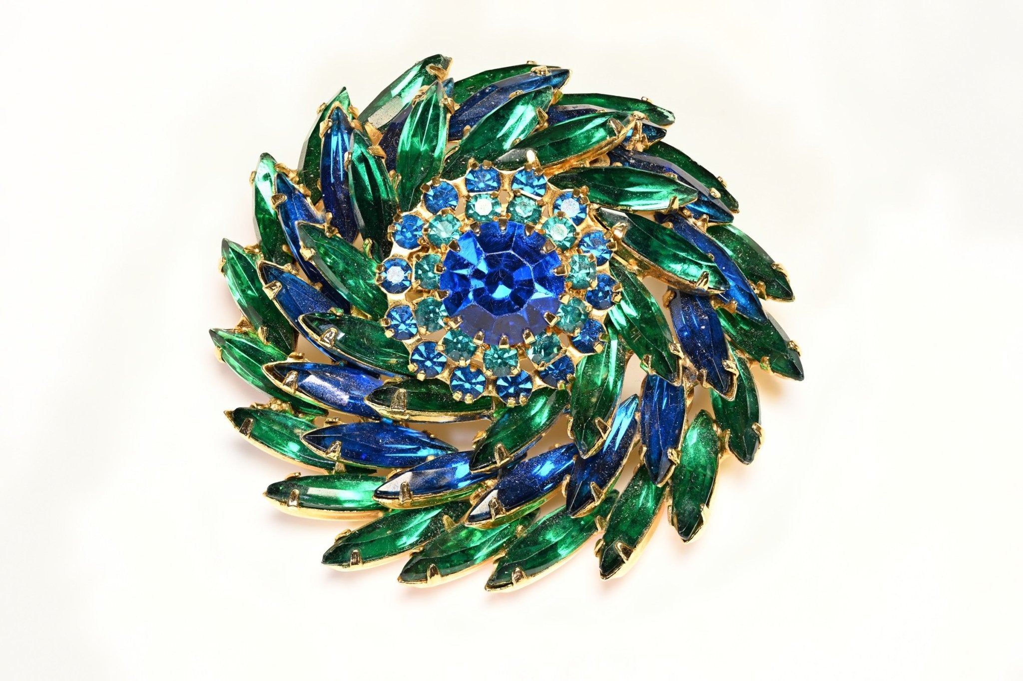 Vintage 1950's Green Blue Crystal Swirl Flower Brooch