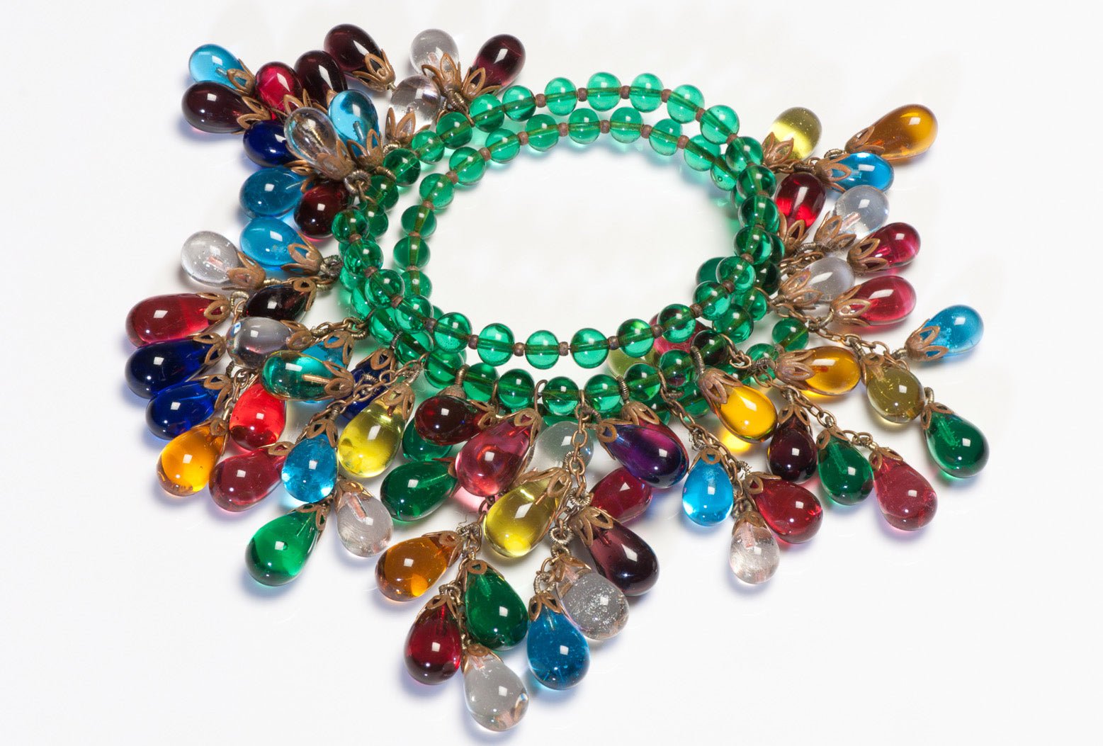 Vintage 1950’s Green Yellow Blue Red Poured Glass Beads Collar Necklace