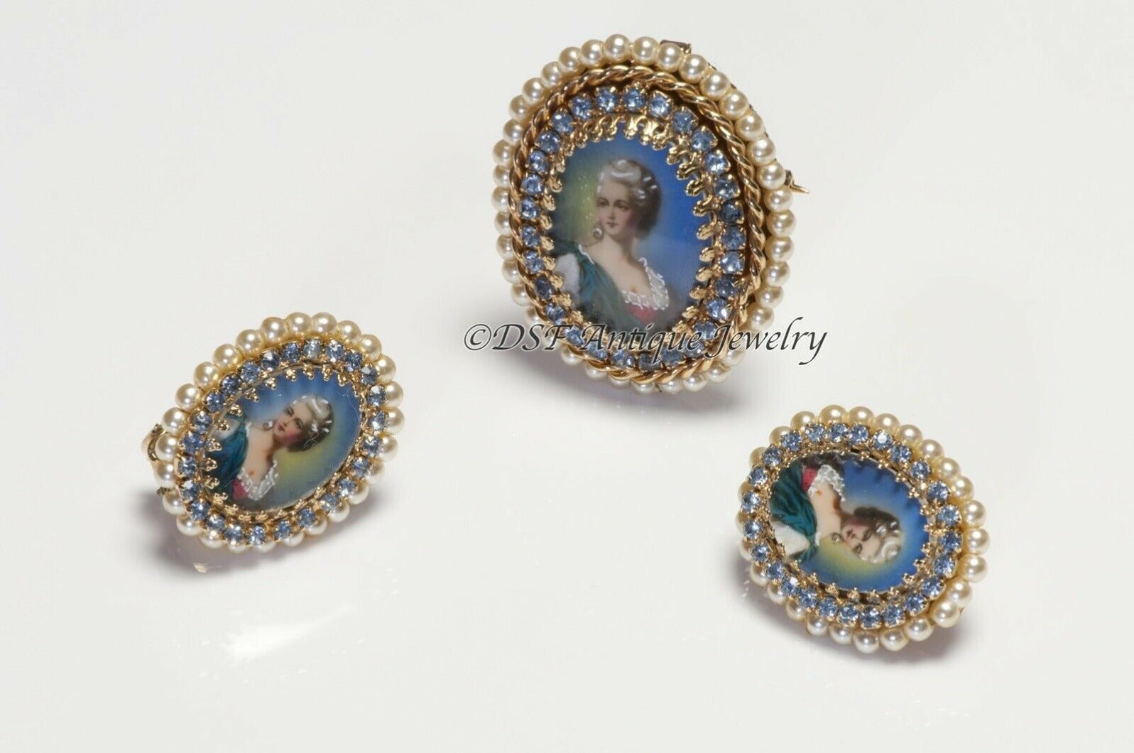 Vintage 1950’s HOBE Blue Crystal Lady Portrait Brooch Earrings Set