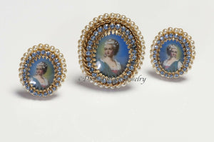 Vintage 1950’s HOBE Blue Crystal Lady Portrait Brooch Earrings Set