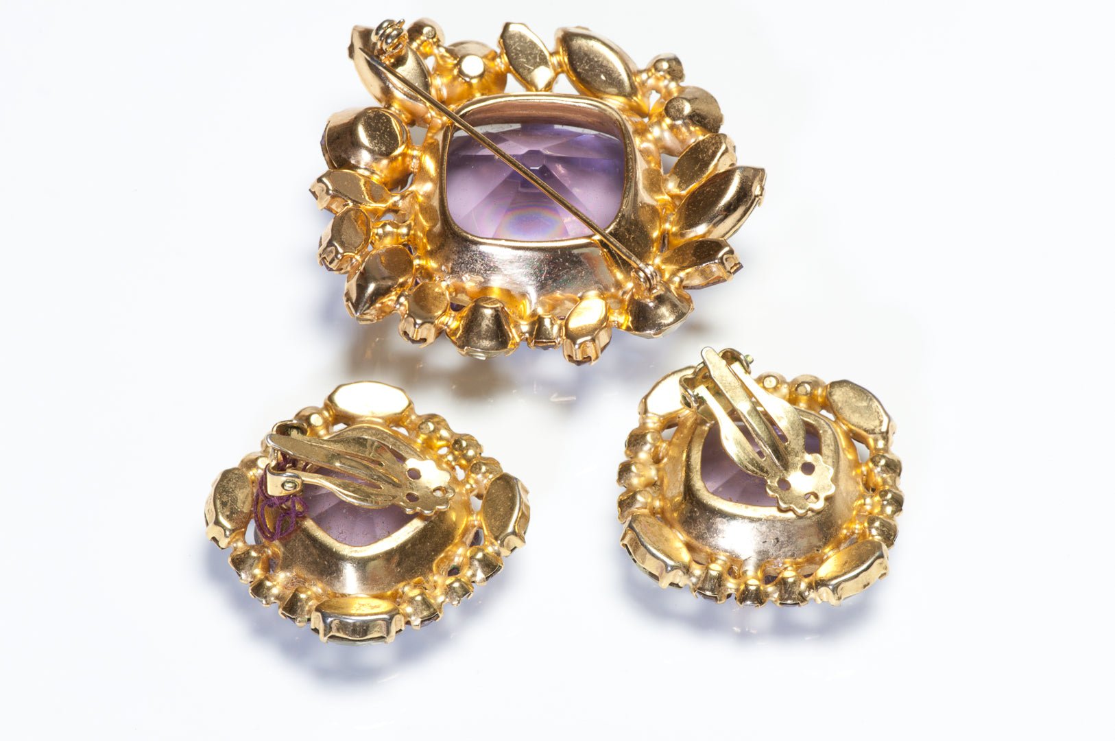 Vintage 1950’s Large Purple Green Glass Crystal Flower Earrings Brooch Set