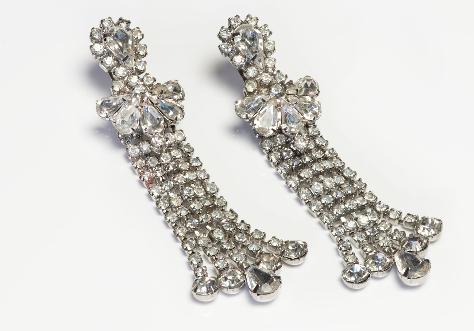 Vintage 1950's Long Rhodium Plated Crystal Earrings