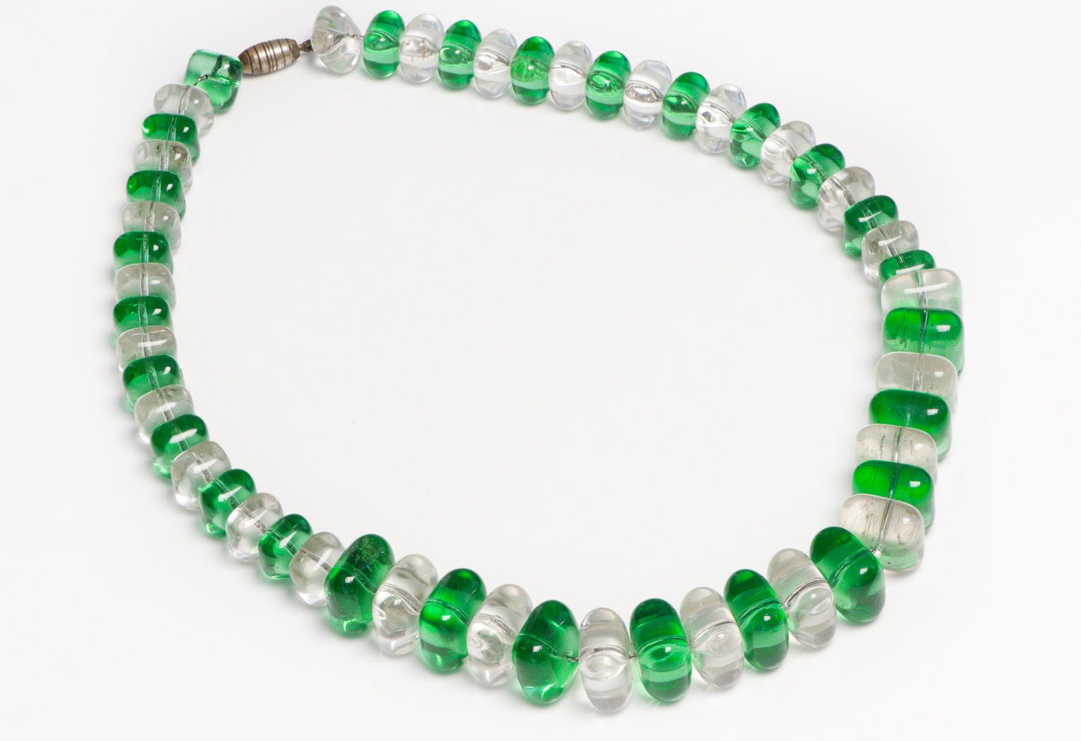 Vintage 1950's Louis Rousselet Green Glass Pillow Beads Collar Necklace