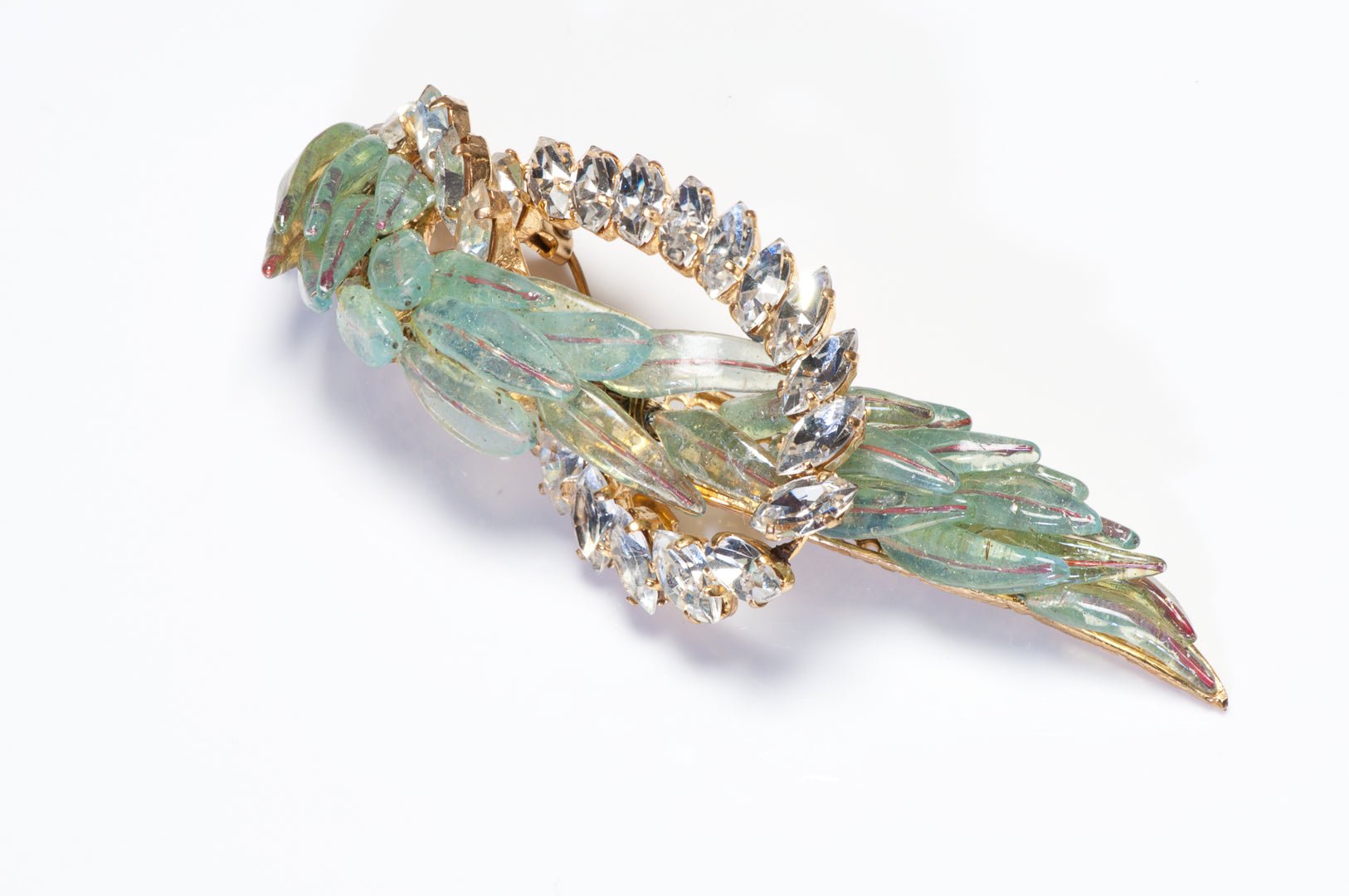 Vintage 1950’s Maison Gripoix Couture Green Glass Feather Crystal Bird Brooch