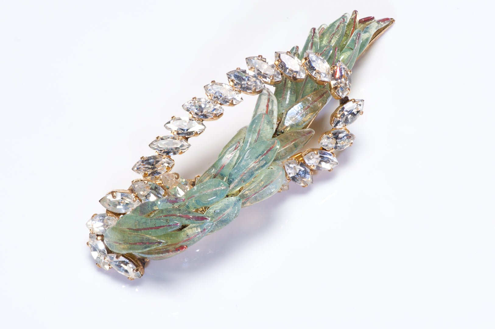 Vintage 1950’s Maison Gripoix Couture Green Glass Feather Crystal Bird Brooch