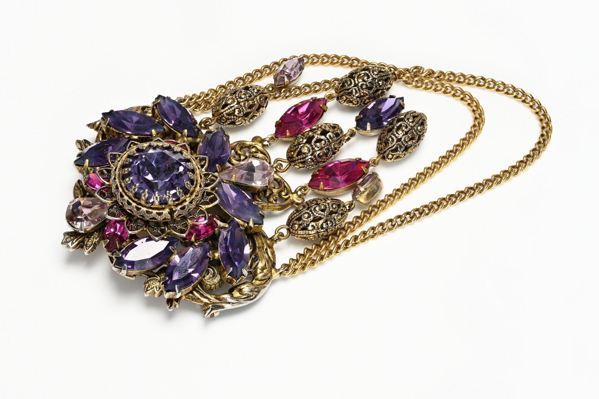 Vintage 1950's Purple Pink Crystal Tassel Chain Pendant Brooch