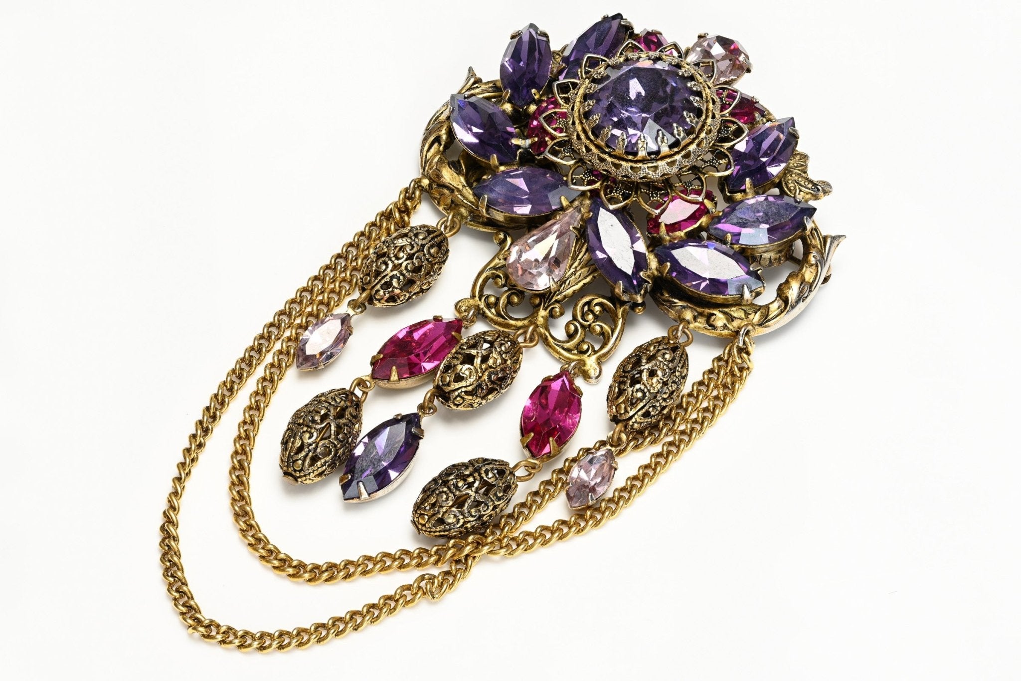 Vintage 1950's Purple Pink Crystal Tassel Chain Pendant Brooch