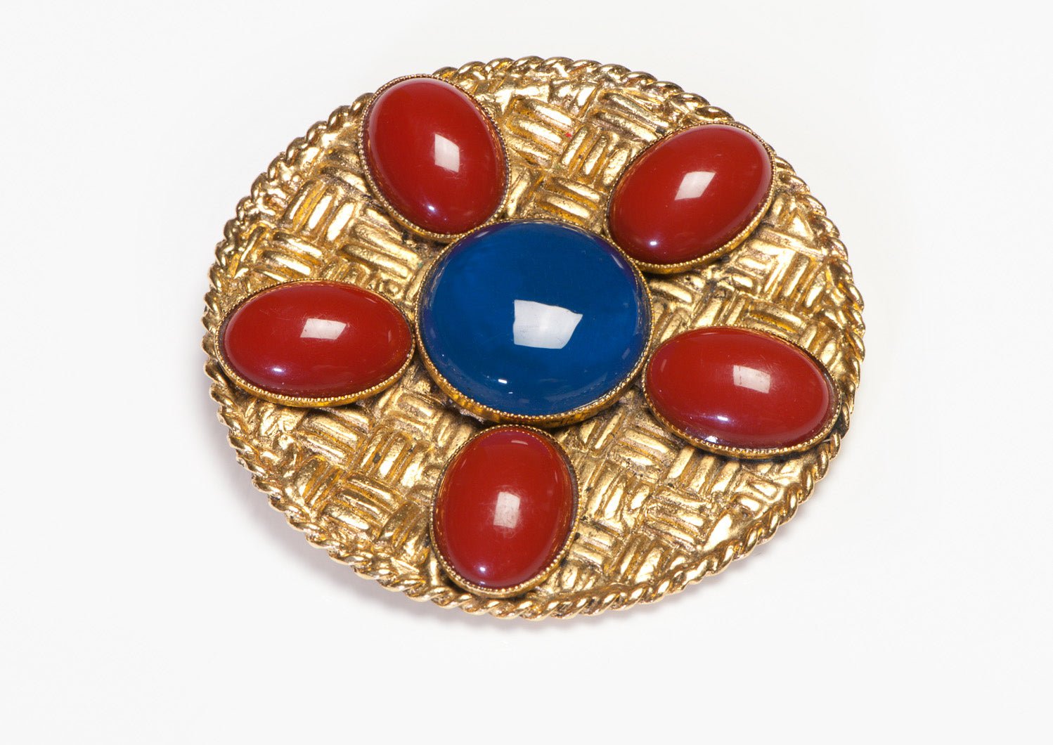 Vintage 1950's Red Blue Cabochon Glass Basket Weave Brooch