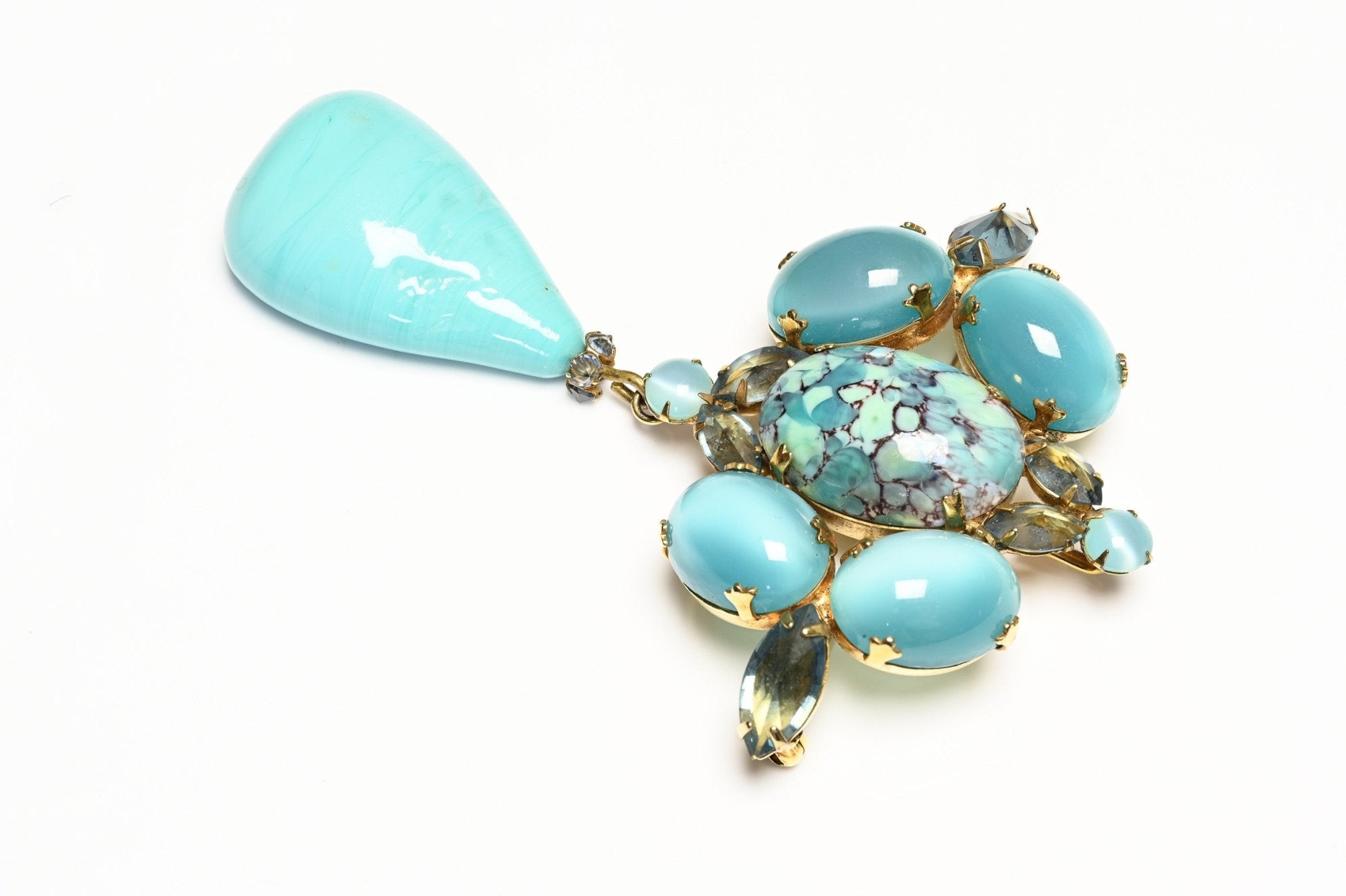 Vintage 1950's Schreiner NY Blue Poured Glass Drop Crystal Pendant Brooch