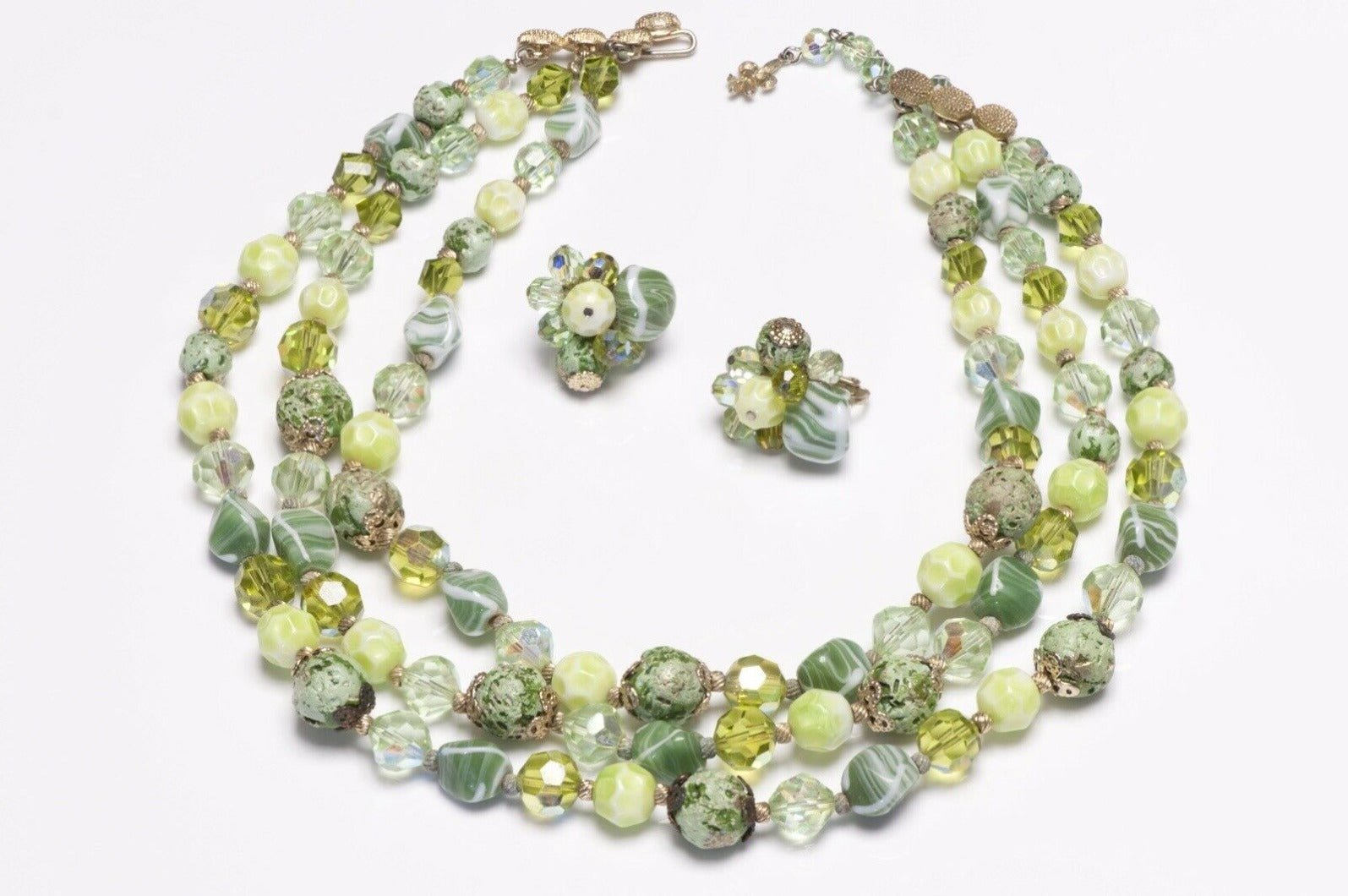 Vintage 1950’s Vendome Green Crystal Glass Beads Necklace Earrings Set